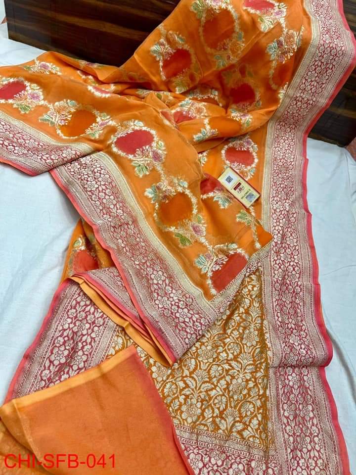 Pure Banarasi Handloom Khaddi Georgette Silk Saree With Water Zari Work ( length- 6.3 meter )