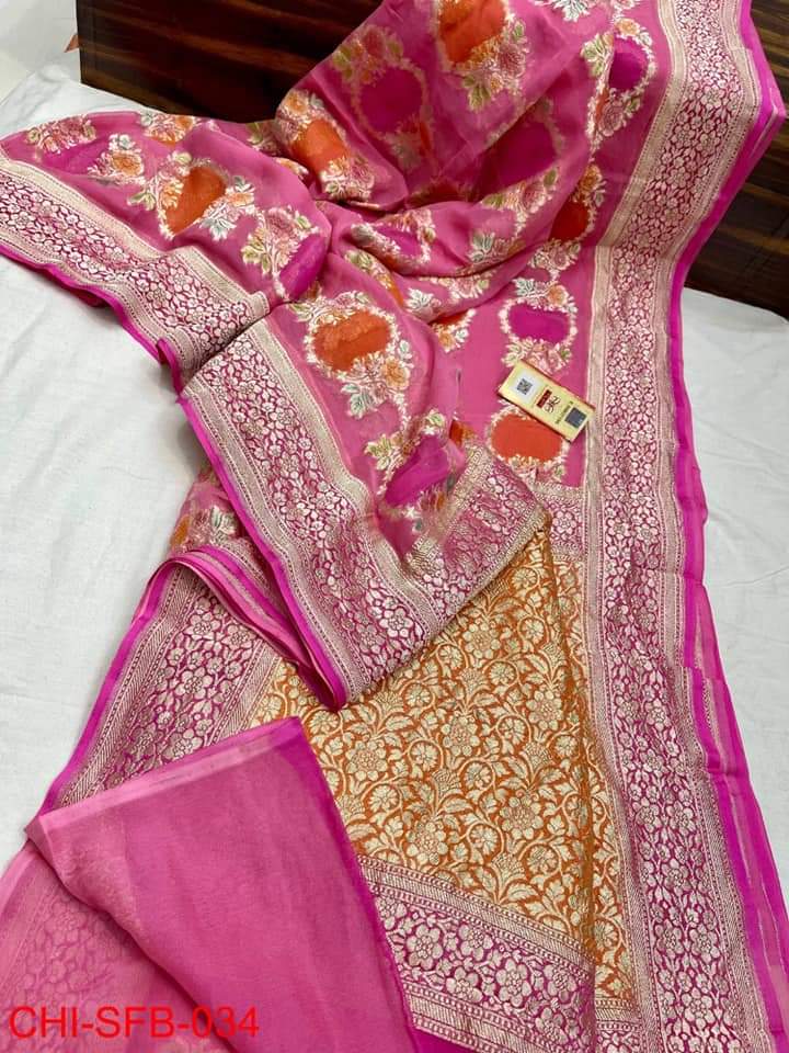 Pure Banarasi Handloom Khaddi Georgette Silk Saree With Water Zari Work ( length- 6.3 meter )