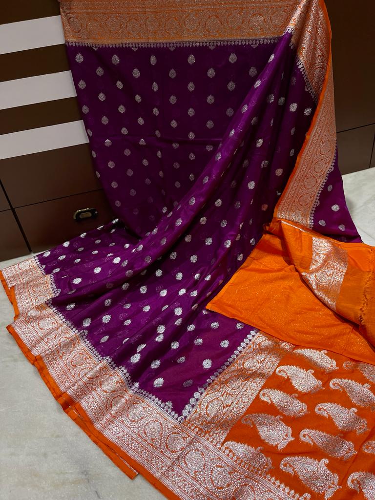 Pure Banarasi Handloom Semi Katan By Katan Silk Saree With Silver Zari Work With Contrast Pallu & Border