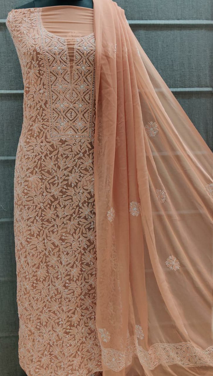 Pure Georgette Chikankari Hand Embroidery Unstitched Suit.