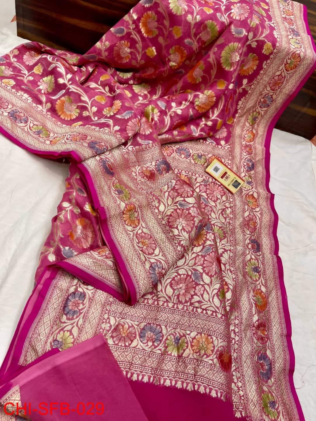 Pure Banarasi Handloom Khaddi Georgette Silk Saree With Water Zari Work ( length- 6.3 meter )