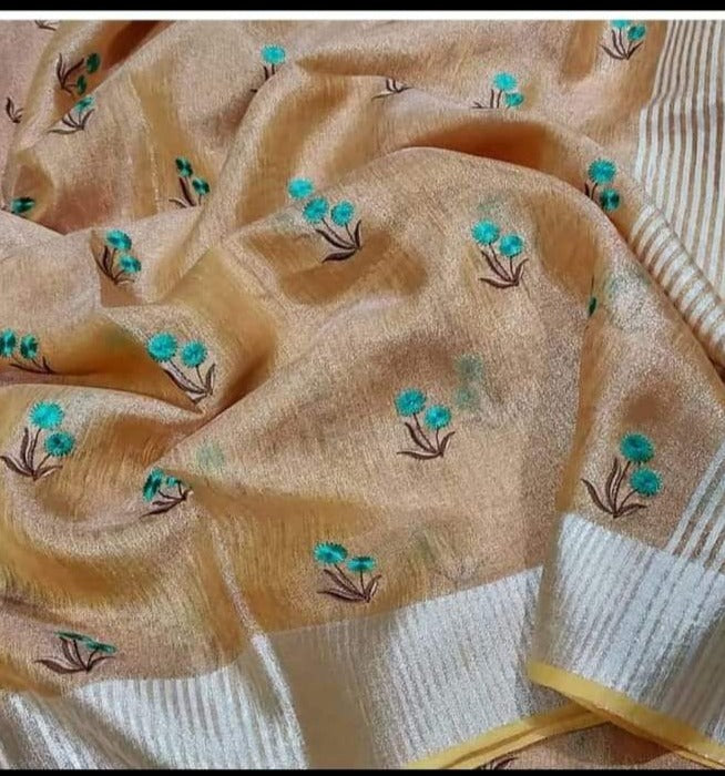 Pure Tissue Linen Saree With Hand Embroidery