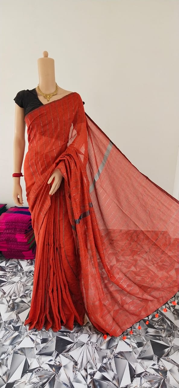 Pure Cotton By Cotton Zari Stripe Saree With weaving work. ( length- 6.3 meter )