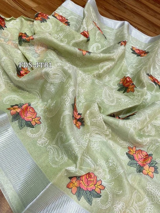 Pure Linen Tissue Silk Embroidery Work Length 6.5 meter Saree With Blouse