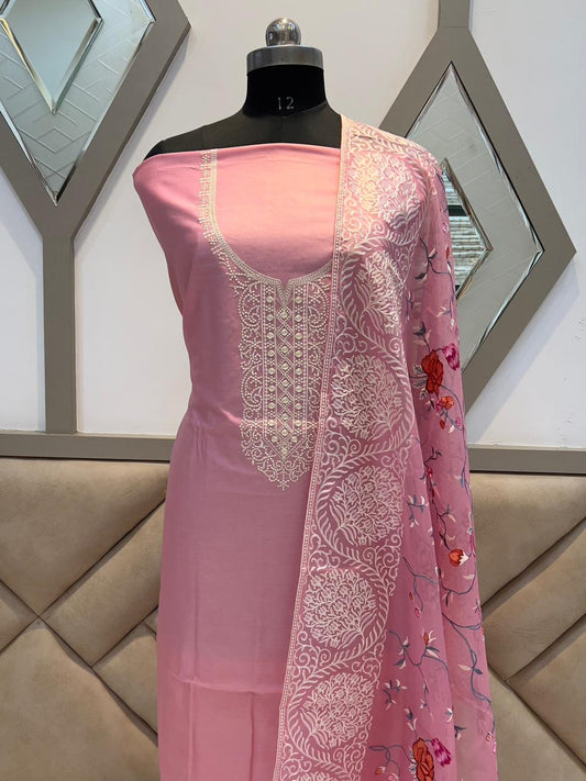 Pure Banarsi Resham Chanderi Silk Embroidery Unstitched Suit With Organza Silk Embroidery Dupatta