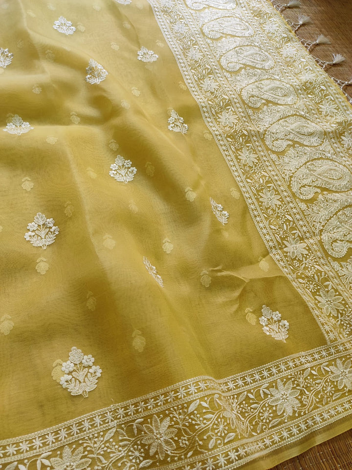 Pure Organza Silk Chikankari Embroidery Work  Saree .