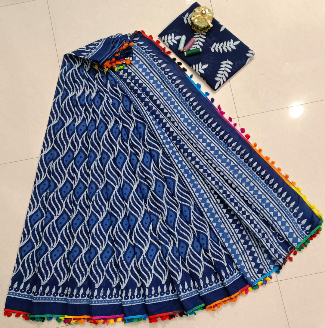 Pure Hand Block Cotton Sarees With Blouse