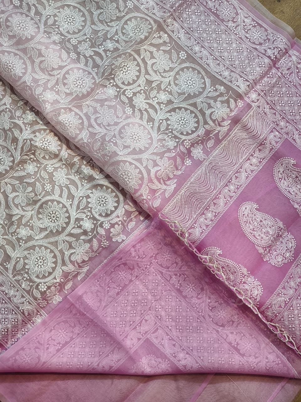 Pure Organza Chikankari Handwork Saree With Plain Blouse.