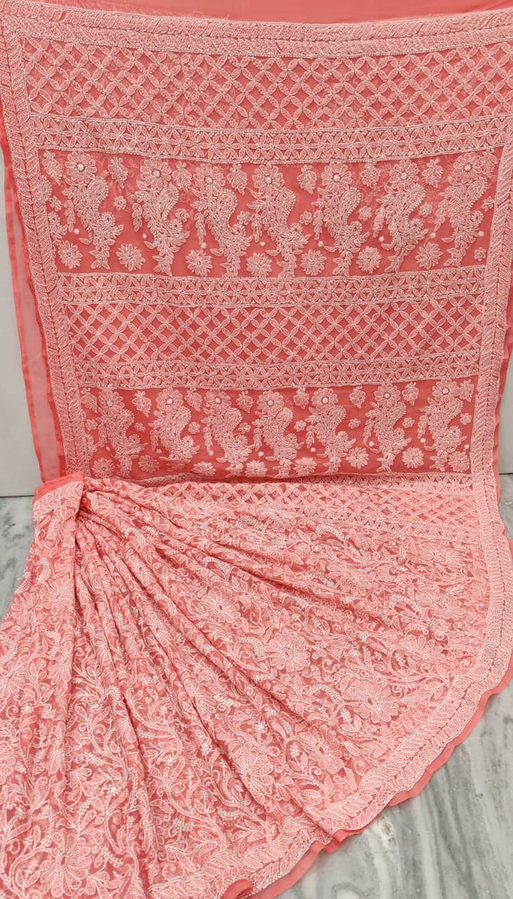 Pure Georgette Chikankari Full Jaal Work Hand Embroidery Saree with Blouse.