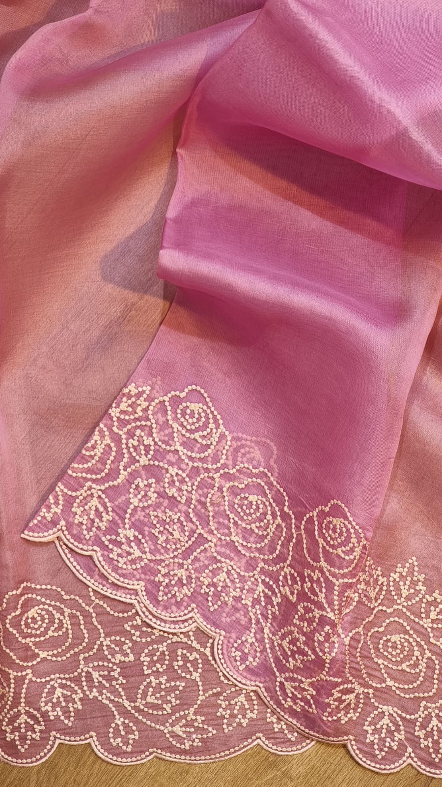 Pure Organza Silk Pearl Embroidery Cutwork Border Saree .