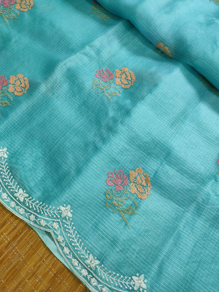 Pure Banarsi Tussar Silk Kota Embroidery Cutwork With Buta Work Saree .