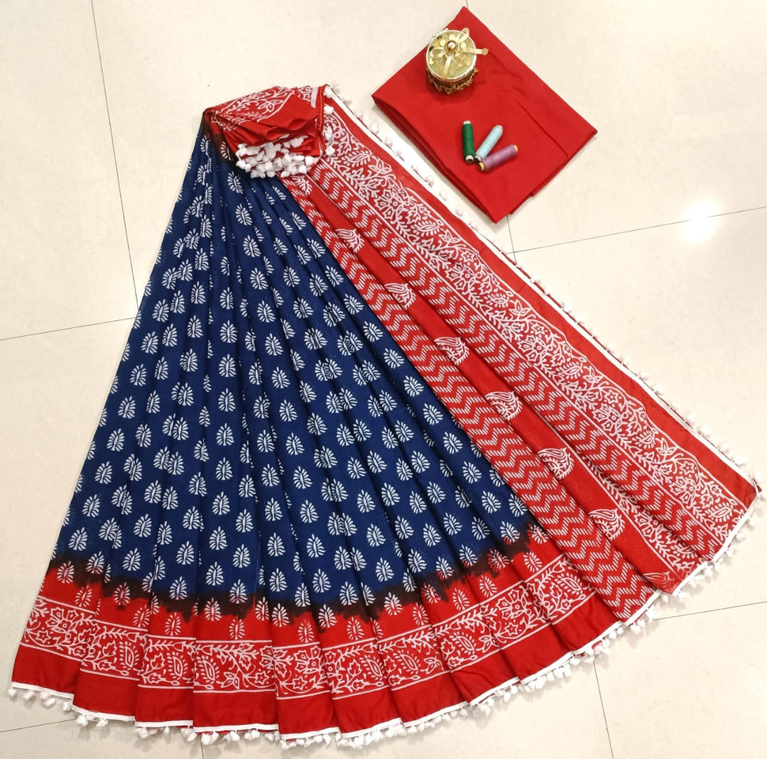 Pure Hand Block Cotton Sarees With Blouse