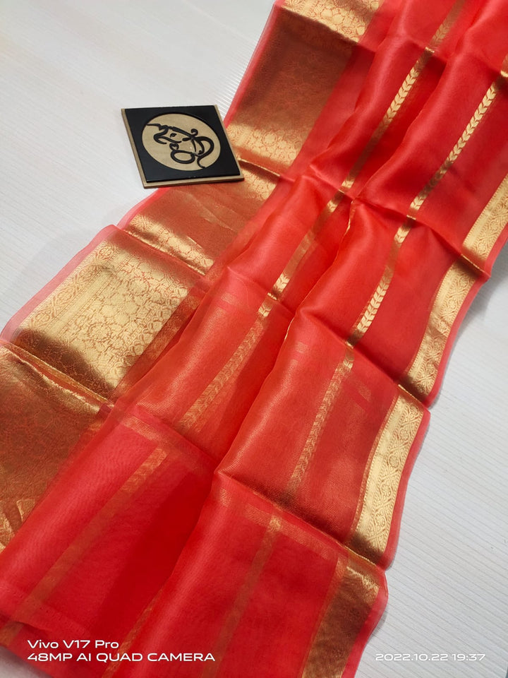 Semi Kora Organza Zari Stripe Silk Saree With Blouse
