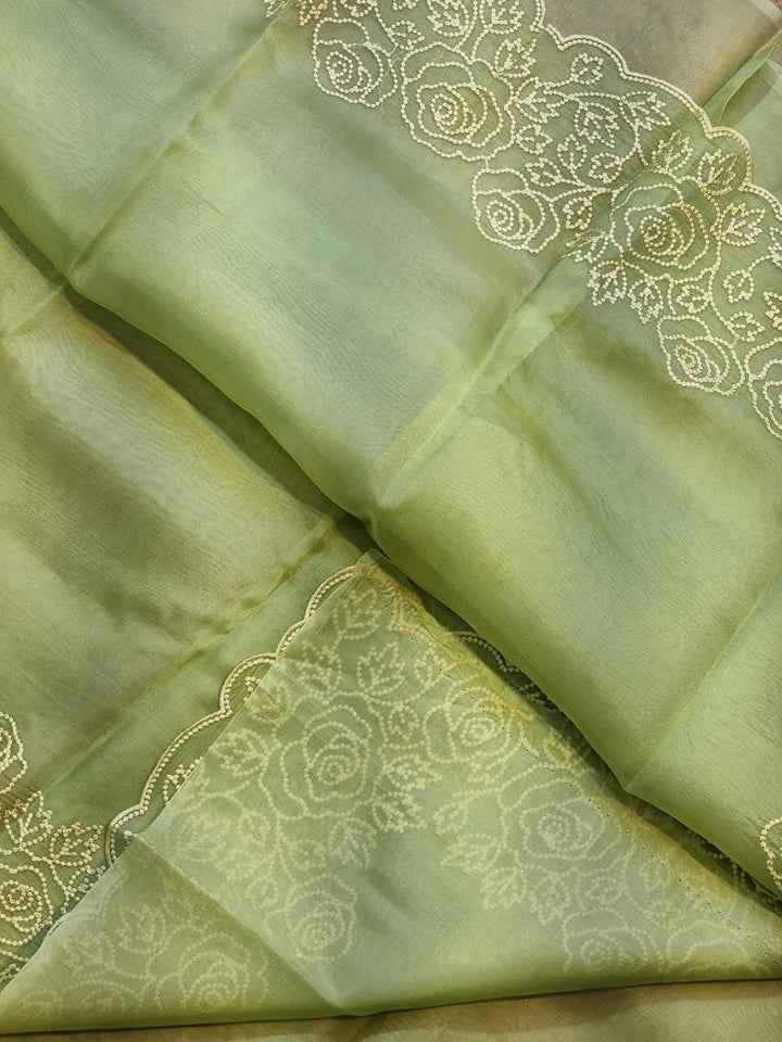 Pure Organza Silk Pearl Embroidery Cutwork Border Saree .