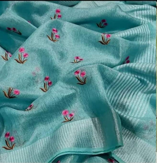 Pure Tissue Linen Saree With Hand Embroidery