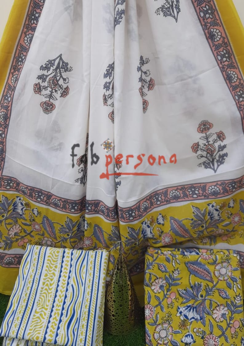 Pure Cotton Handblock Print Unstitched Suit With Cotton Dupatta