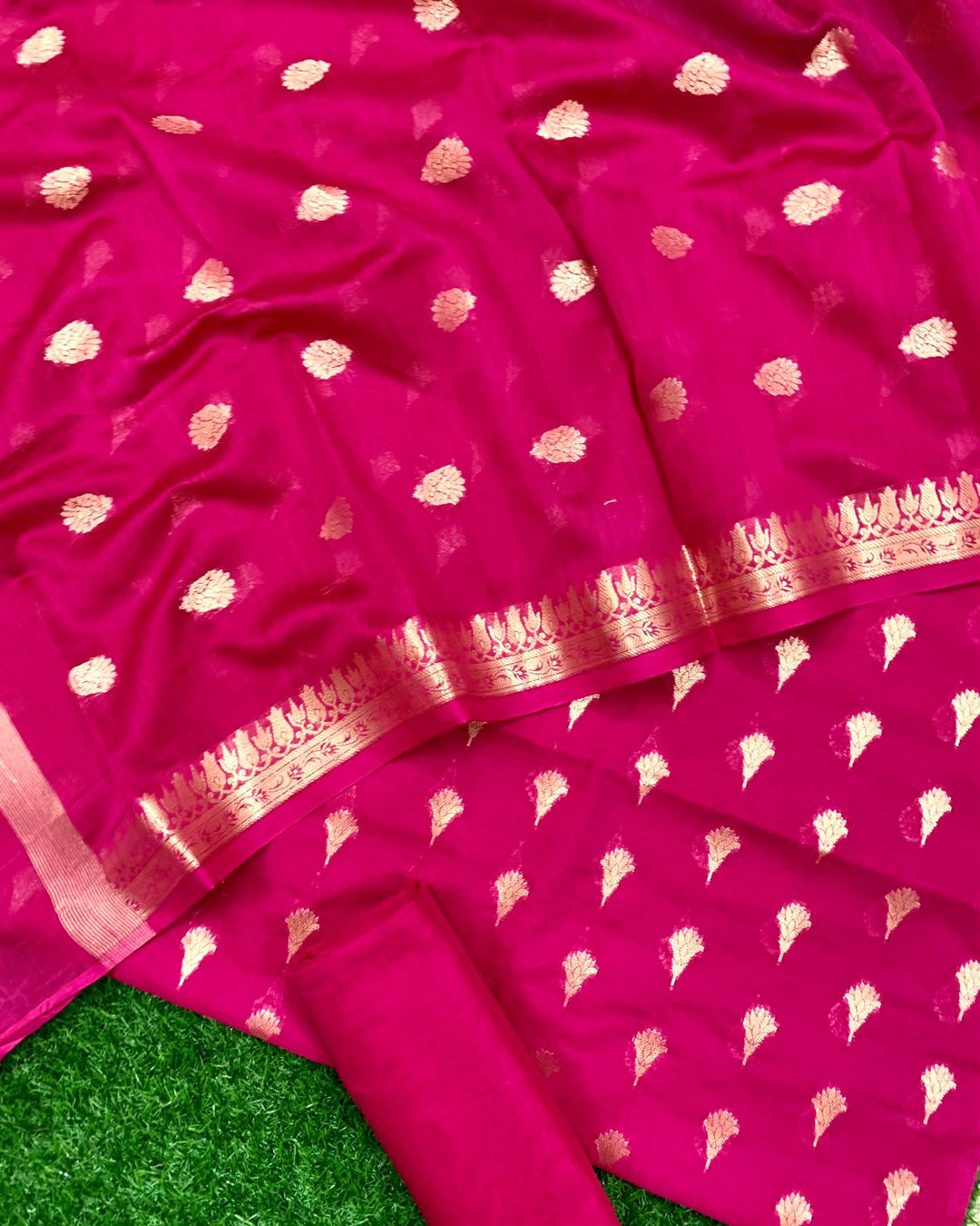 Pure Chanderi Mercerized Zari Buti Weaved Unstitched Suit With Pure Mercerized Dupatta.