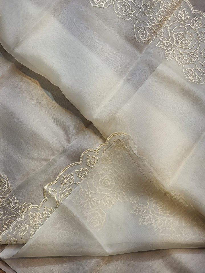 Pure Organza Silk Pearl Embroidery Cutwork Border Saree .