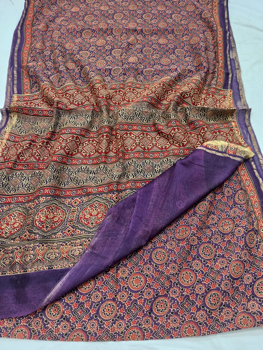 Multi Color Ajrak Handblock Print Saree (Natural Dye) With Printed Blouse ( Length 6.3 METER )