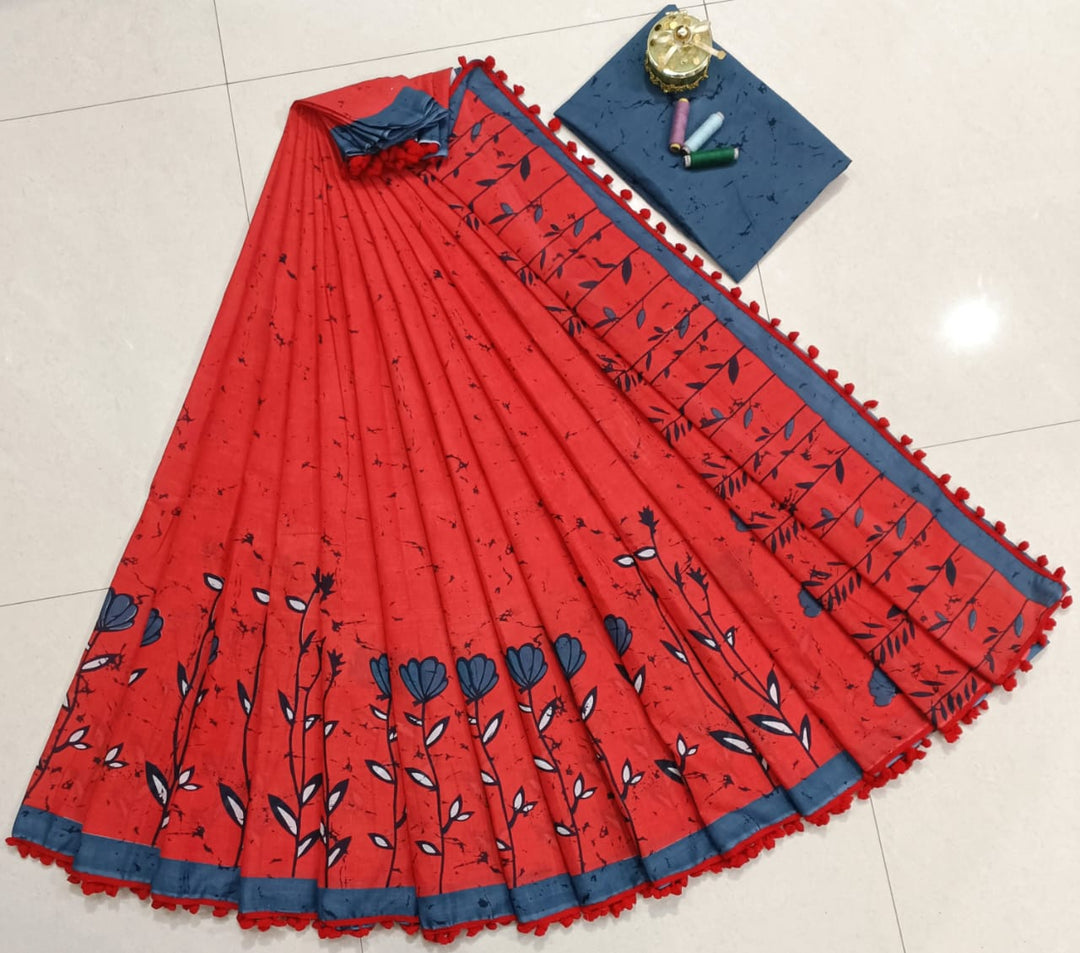 Pure Hand Block Cotton Sarees With Blouse