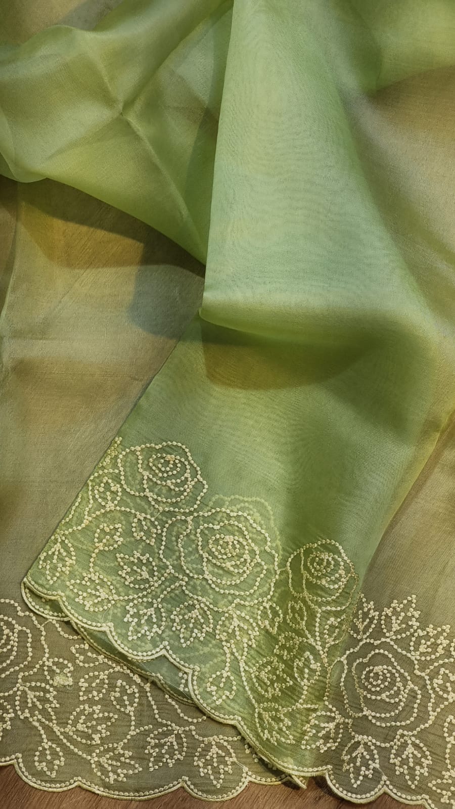 Pure Organza Silk Pearl Embroidery Cutwork Border Saree .