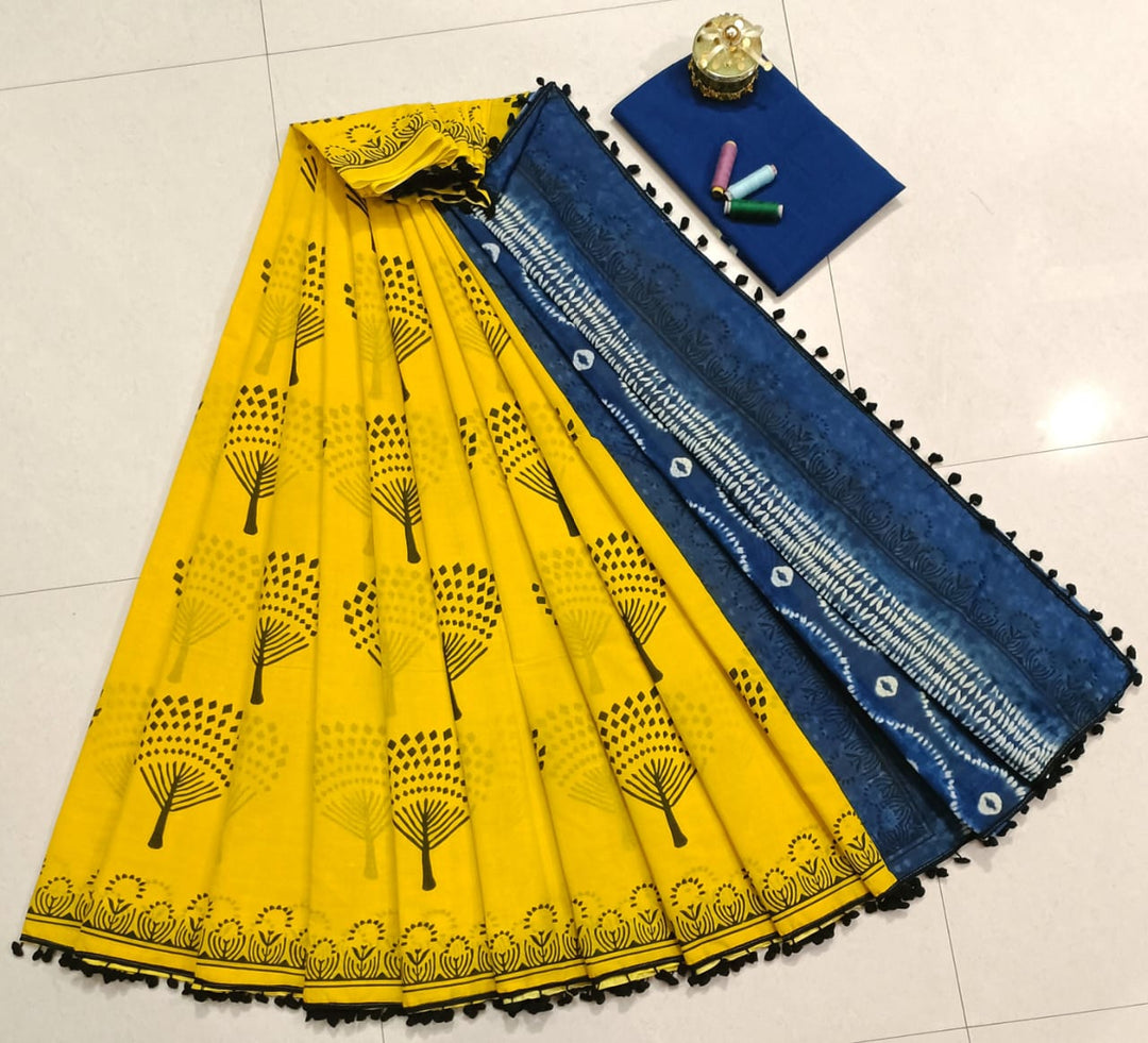 Pure Hand Block Cotton Sarees With Blouse