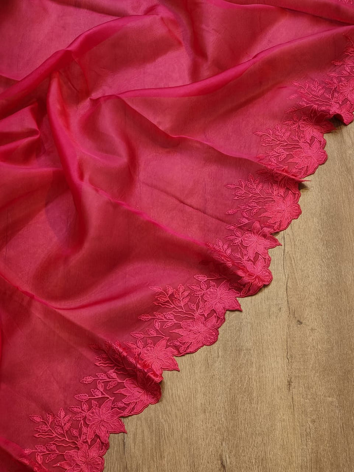 Pure Organza Silk Embroidery Alfi Cutwork Border Saree .