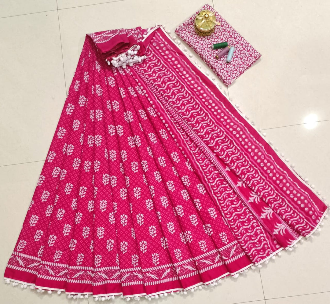 Pure Hand Block Cotton Sarees With Blouse