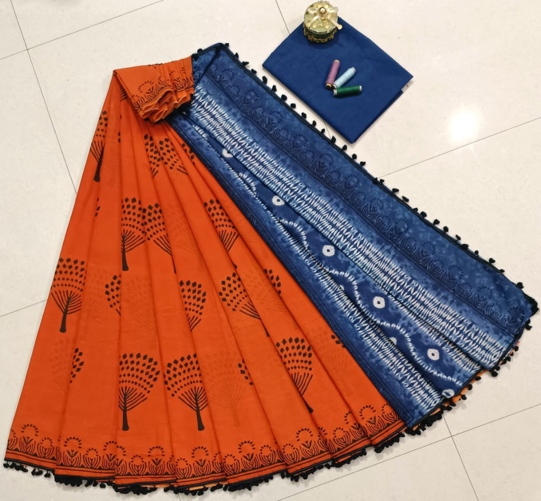 Pure Hand Block Cotton Sarees With Blouse