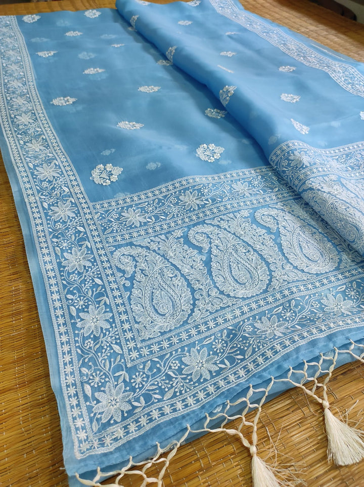 Pure Organza Silk Chikankari Embroidery Work  Saree .