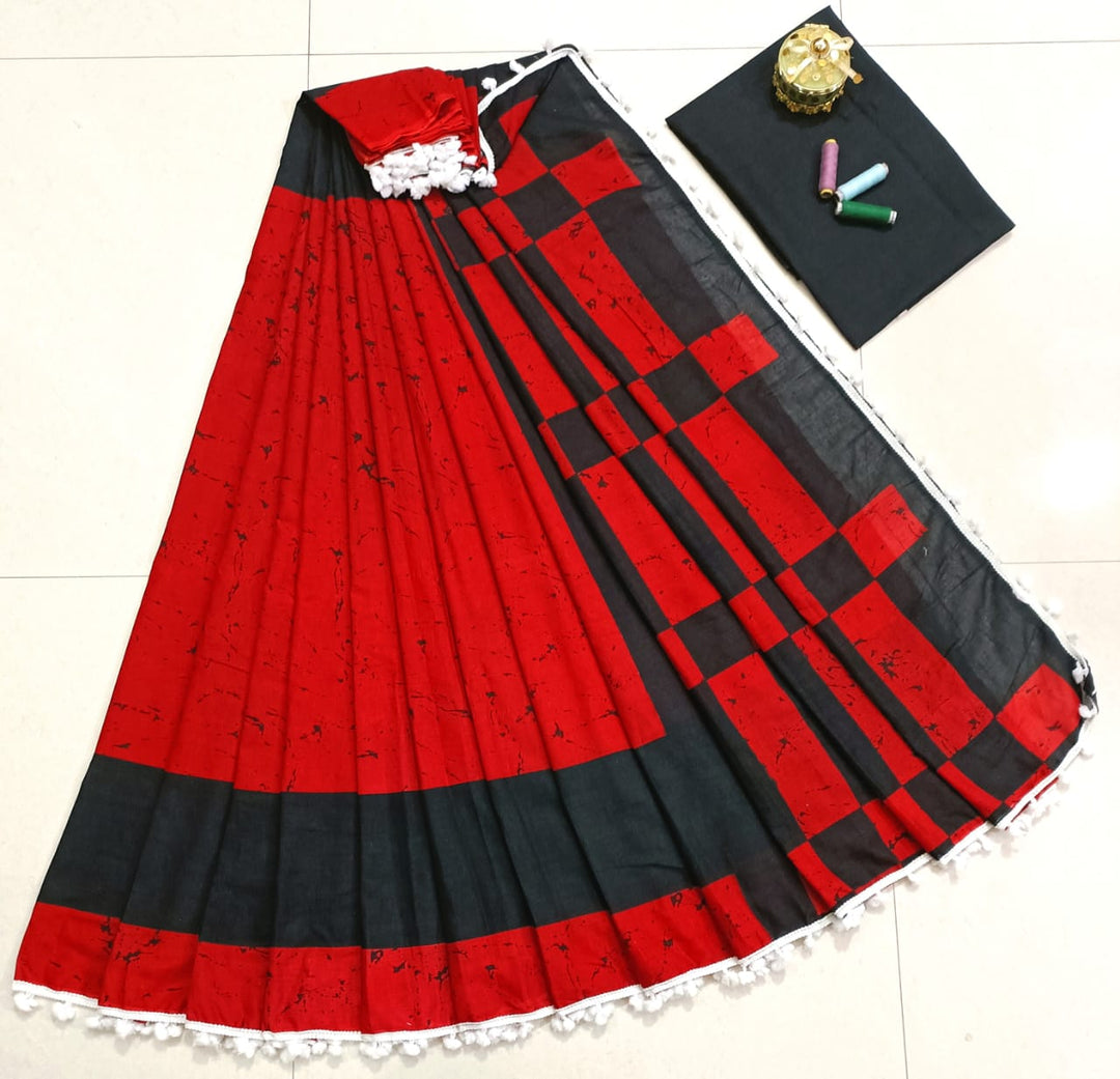 Pure Hand Block Cotton Sarees With Blouse