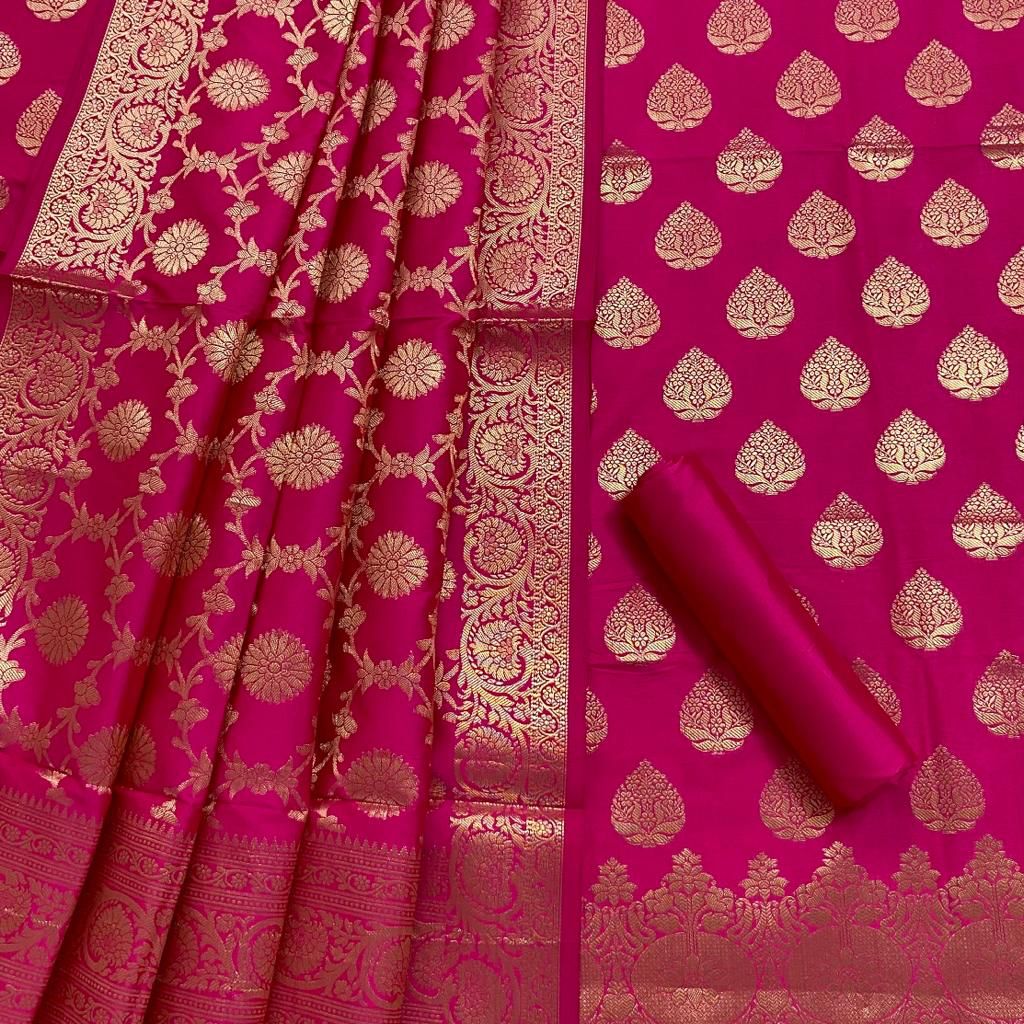 Pure Banarasi Silk Unstitched Suit With Jaal Dupatta
