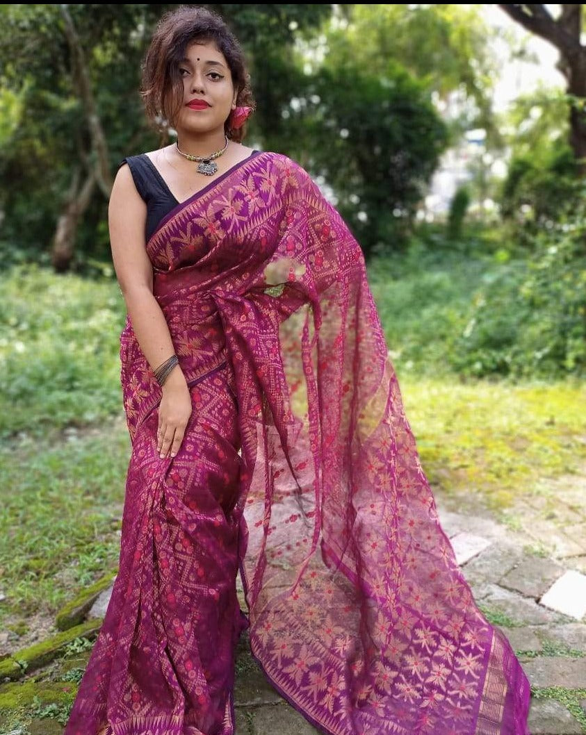 Pure Cotton Silk Dhakai Jamdani Saree Without Blouse