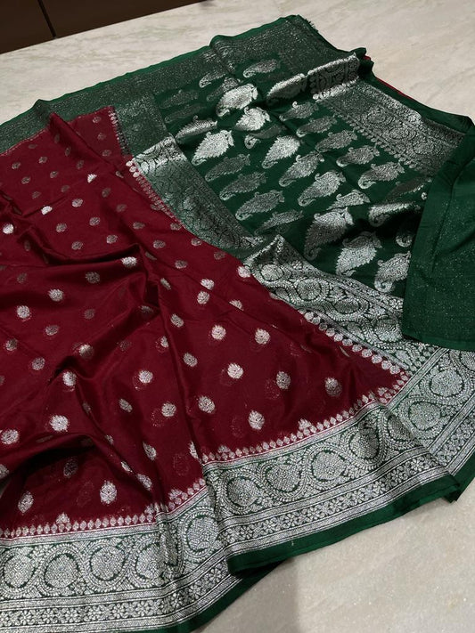 Pure Banarasi Handloom Semi Katan By Katan Silk Saree With Silver Zari Work With Contrast Pallu & Border