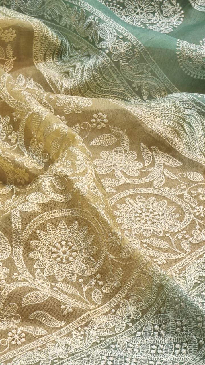 Pure Organza Chikankari Handwork Saree With Plain Blouse.