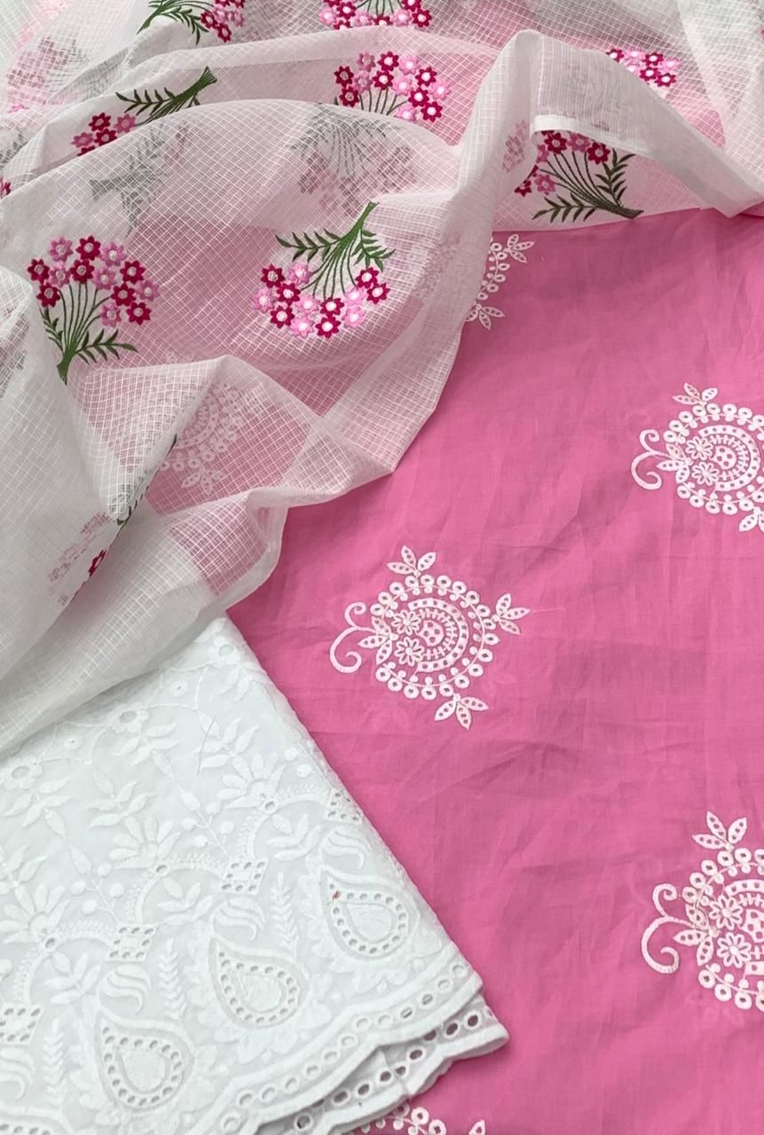 Pure Cotton Resham Work Unstitched Suits With Kota Doriya Dupatta & Chikankari Bottom .