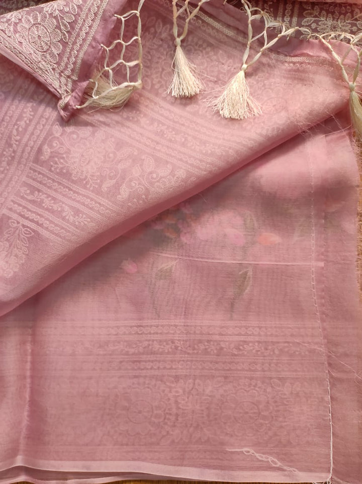 Pure Organza Silk Saree Multi Floral Jaal Work With Heavy Chikankari Pallu .