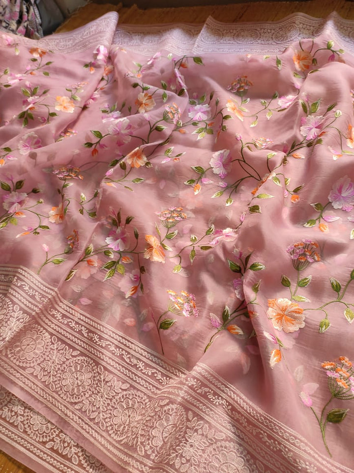 Pure Organza Silk Saree Multi Floral Jaal Work With Heavy Chikankari Pallu .