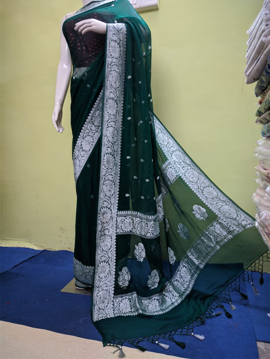 Pure Khaddi Chiffon Georgette Saree with Silver Zari Weaving blouse  ( length- 6.3 meter )