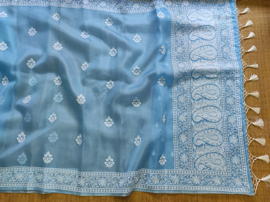 Pure Organza Silk Chikankari Embroidery Work  Saree .