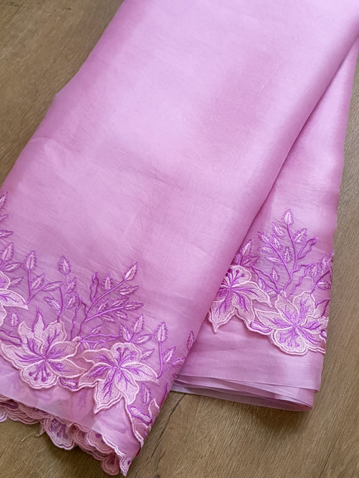 Pure Organza Silk Embroidery Alfi Cutwork Border Saree .