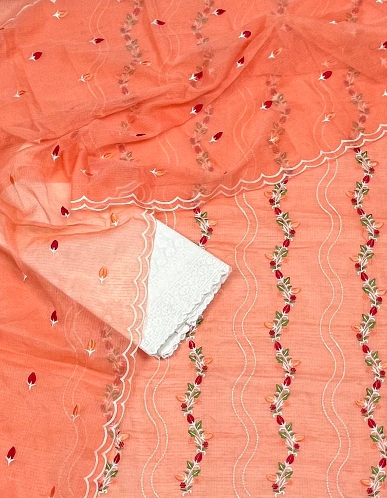 Pure Kota Doriya Embroidery Work Unstitched Suits With Kota Doriya Dupatta & Chikankari Bottom .