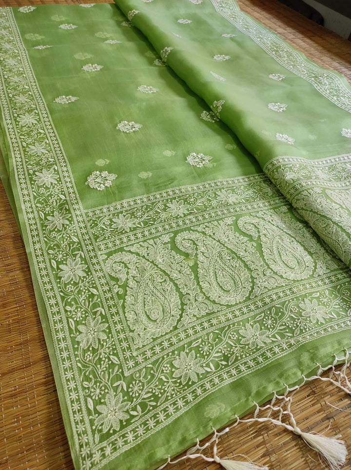 Pure Organza Silk Embroidery Buti Work Border Saree .