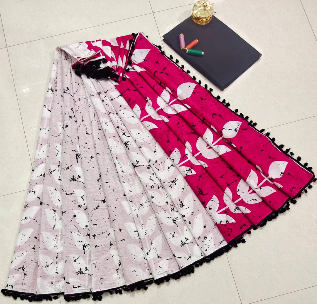 Pure Hand Block Cotton Sarees With Blouse