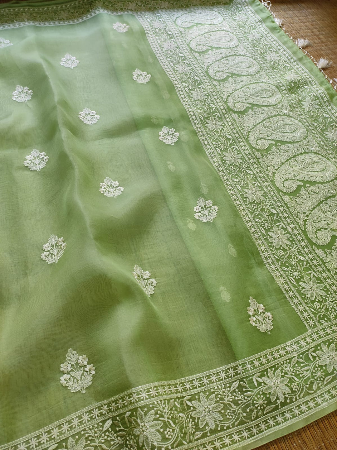 Pure Organza Silk Embroidery Buti Work Border Saree .