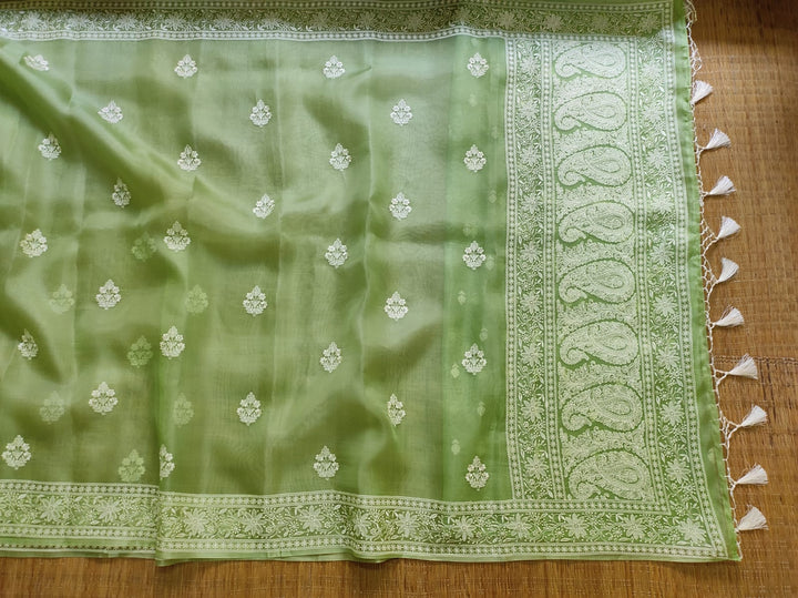 Pure Organza Silk Embroidery Buti Work Border Saree .