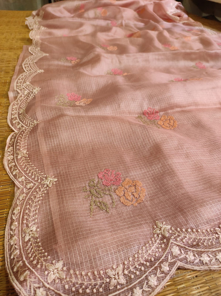 Pure Banarsi Tussar Silk Kota Embroidery Cutwork With Buta Work Saree .