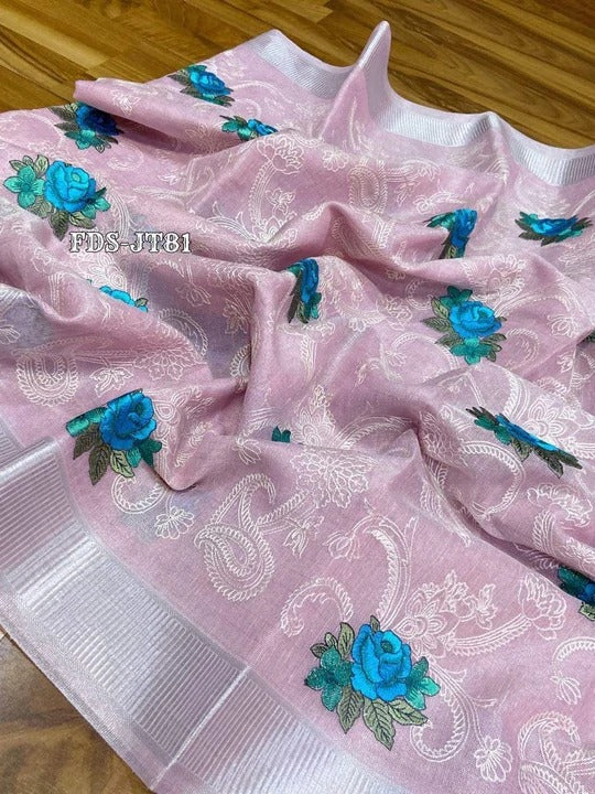 Pure Linen Tissue Silk Embroidery Work Length 6.5 meter Saree With Blouse