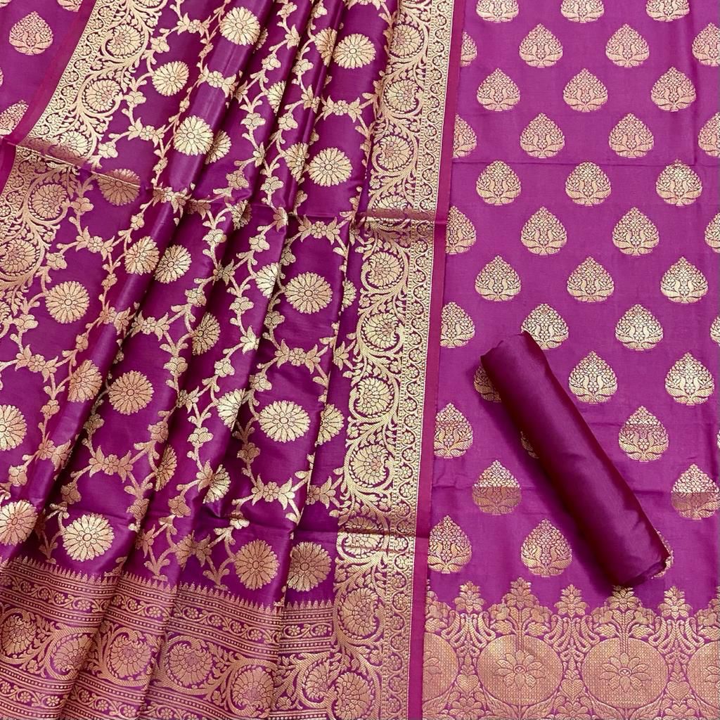 Pure Banarasi Silk Unstitched Suit With Jaal Dupatta