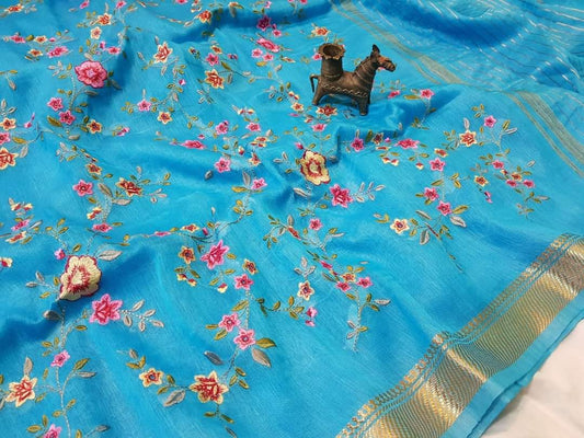 Kota Linen Silk Saree with Zari Dovi Weaving ( length-6.5 meter)
